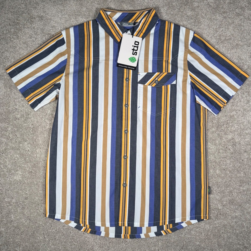 Stio‎ Men's Medium Purple Black Golf Stripe Curtis Camp Rodeo Button Up Shirt